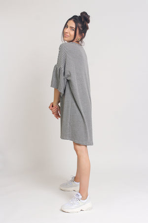 Oversized striped tee shirt dress with trumpet sleeves, in Grey Stripe. Image 4