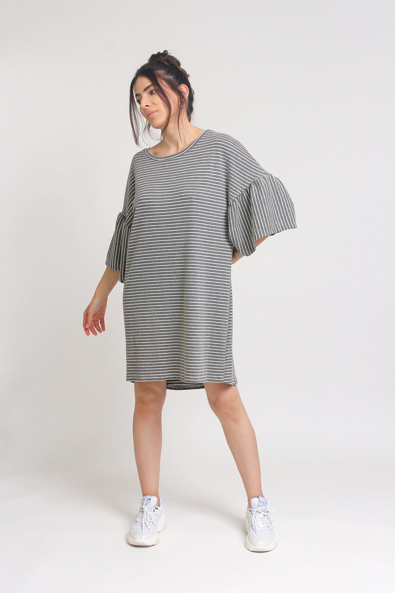 Oversized striped tee shirt dress with trumpet sleeves, in Grey Stripe. Image 5