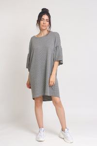 Oversized striped tee shirt dress with trumpet sleeves, in Grey Stripe. Image 6