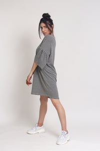Oversized striped tee shirt dress with trumpet sleeves, in Grey Stripe. Image 7