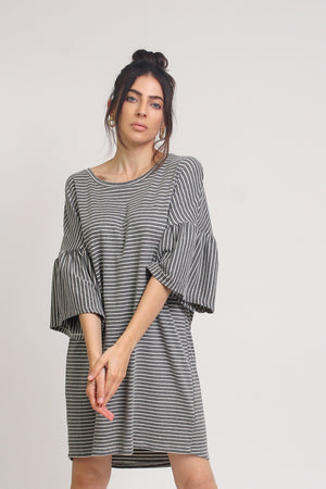 Oversized striped tee shirt dress with trumpet sleeves, in Grey Stripe. Image 8