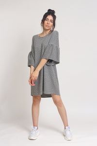 Oversized striped tee shirt dress with trumpet sleeves, in Grey Stripe. Image 9