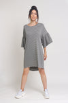Oversized striped tee shirt dress with trumpet sleeves, in Grey Stripe.