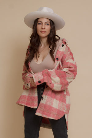 Plaid button front shacket, in pink rose. Image 15