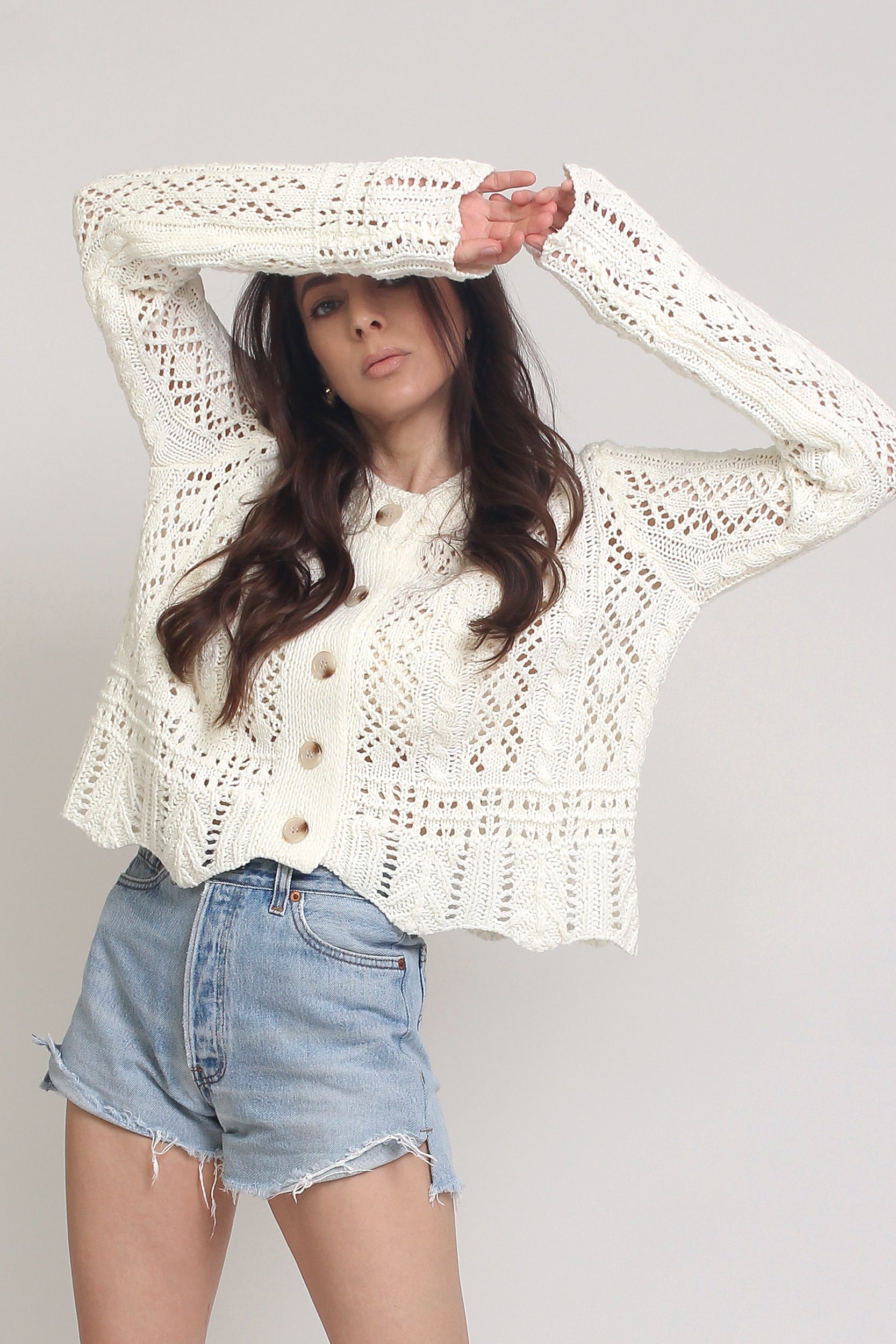 Pointelle knit cardigan, in Off White. Image 15
