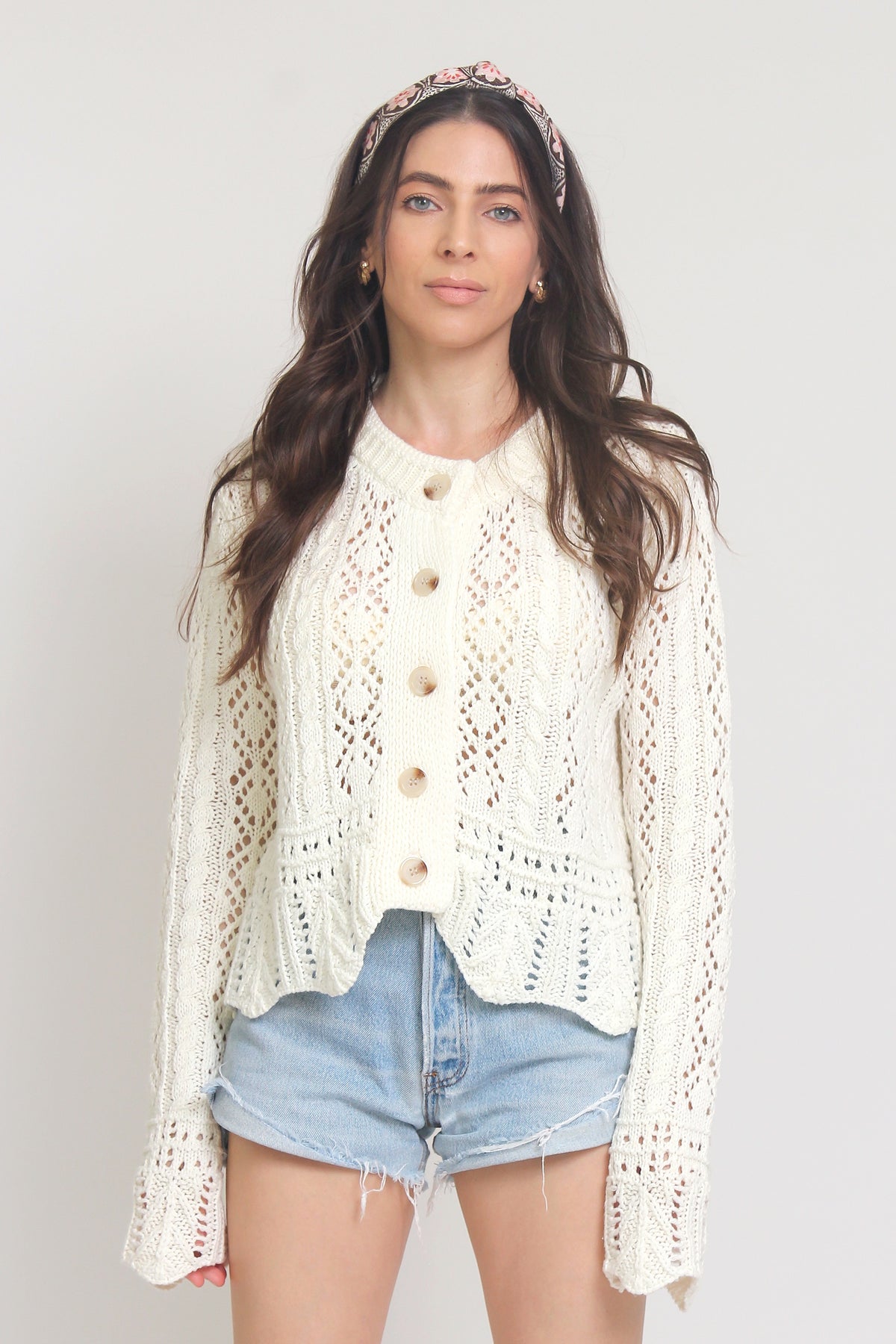 Pointelle knit cardigan, in Off White. Image 2