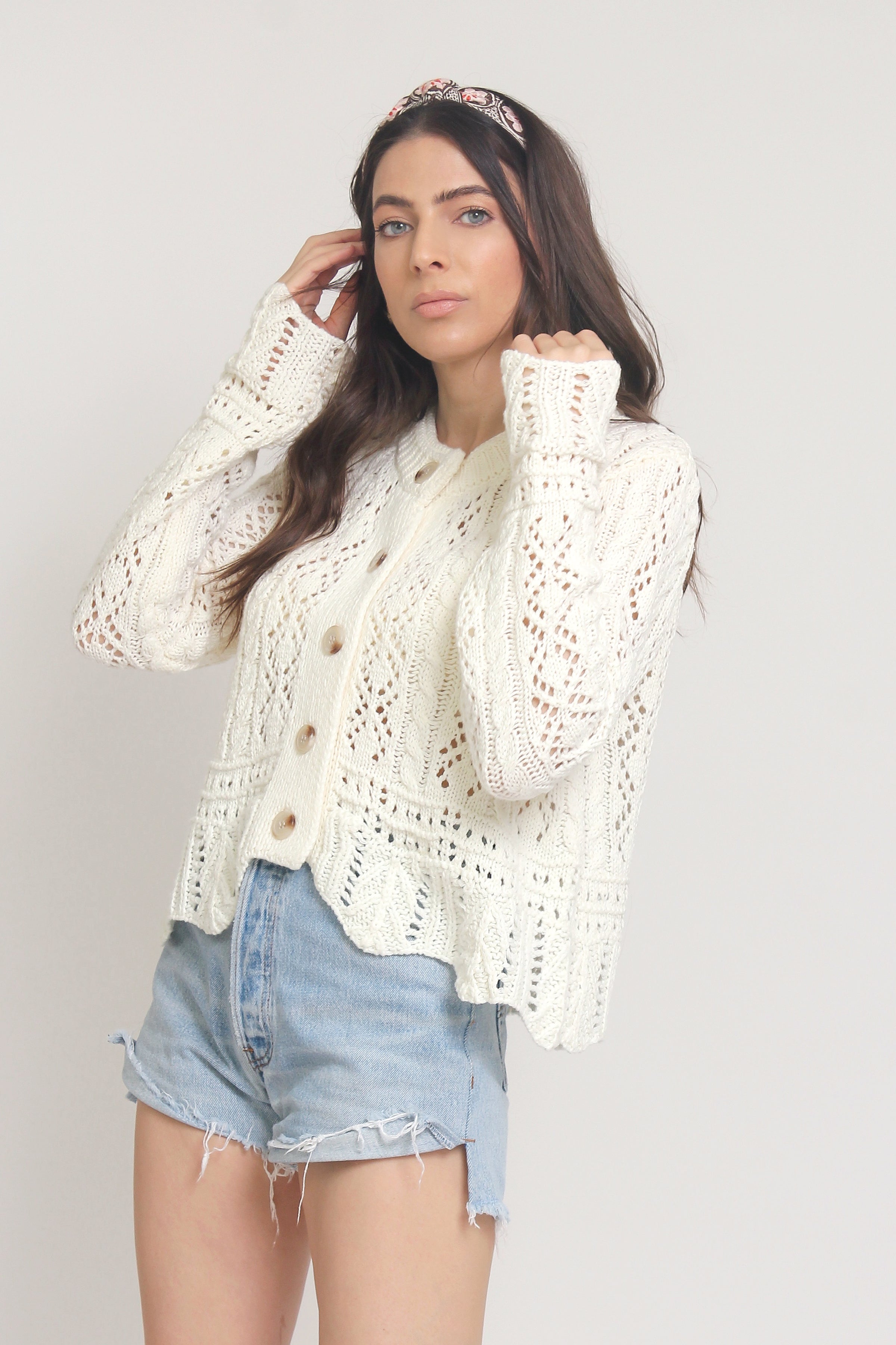 Pointelle knit cardigan, in Off White. Image 6