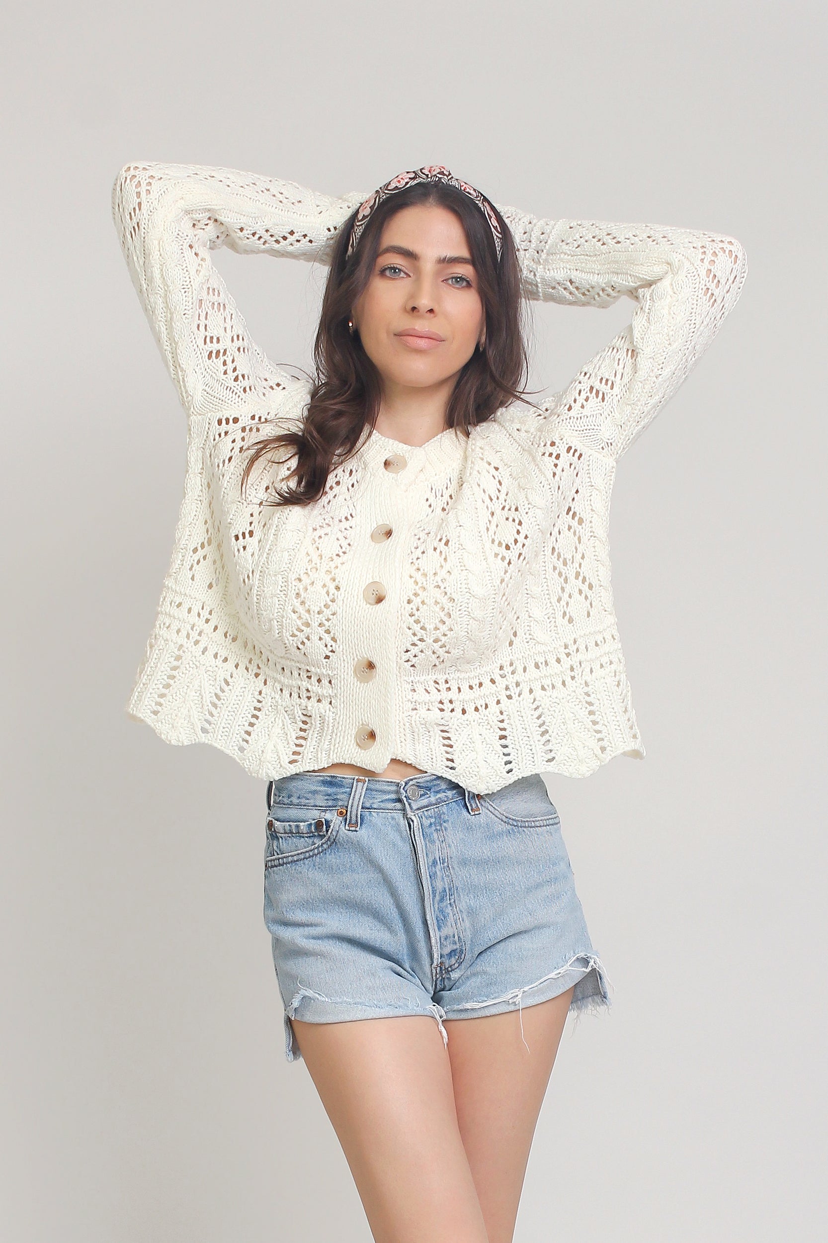 Pointelle knit cardigan, in Off White. Image 9