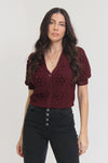 Cropped pom pom puff sleeve cardigan, in mulberry. Image 10