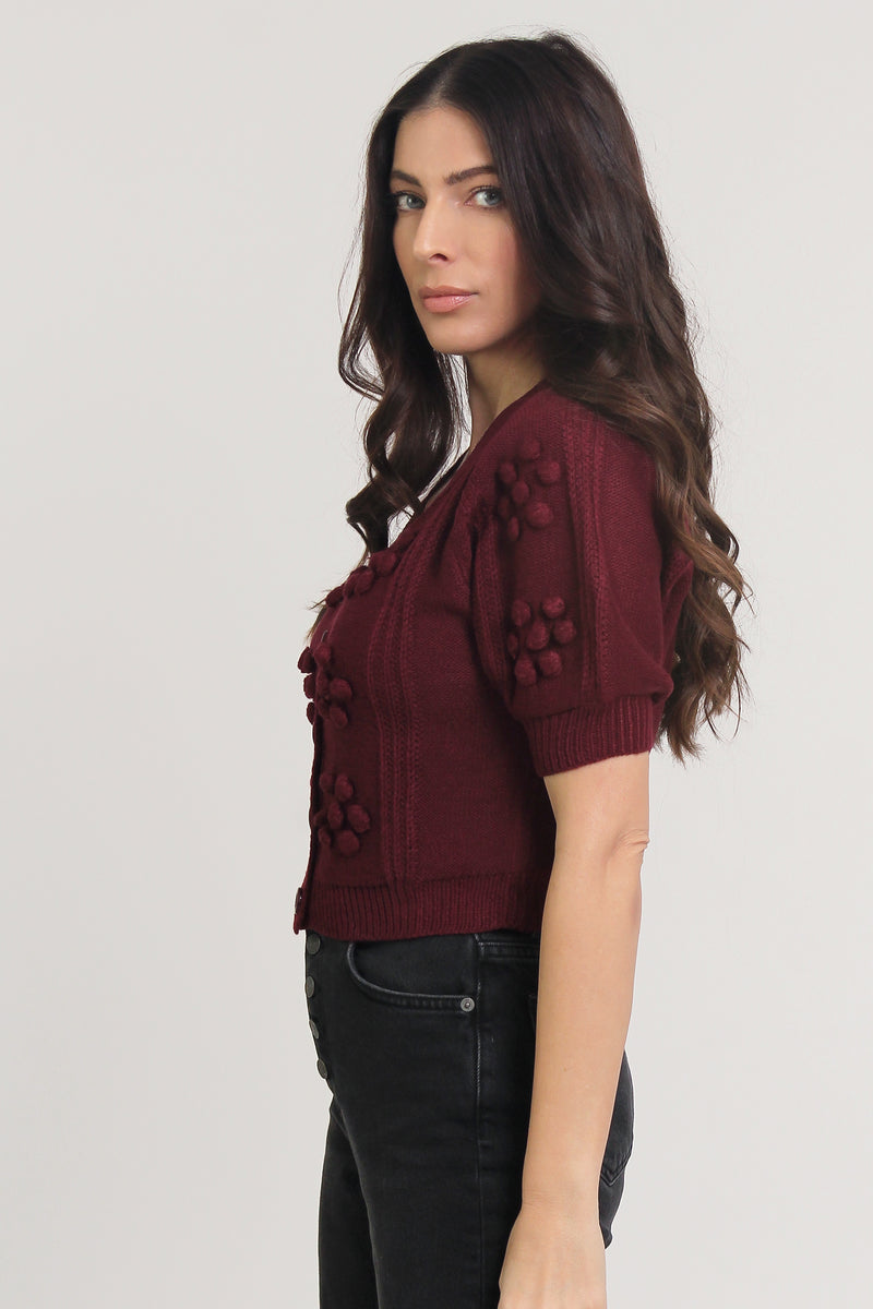 Cropped pom pom puff sleeve cardigan, in mulberry. Image 3