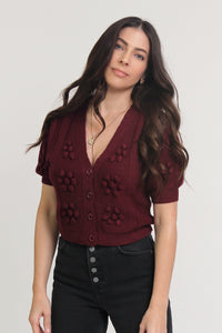 Cropped pom pom puff sleeve cardigan, in mulberry. Image 4
