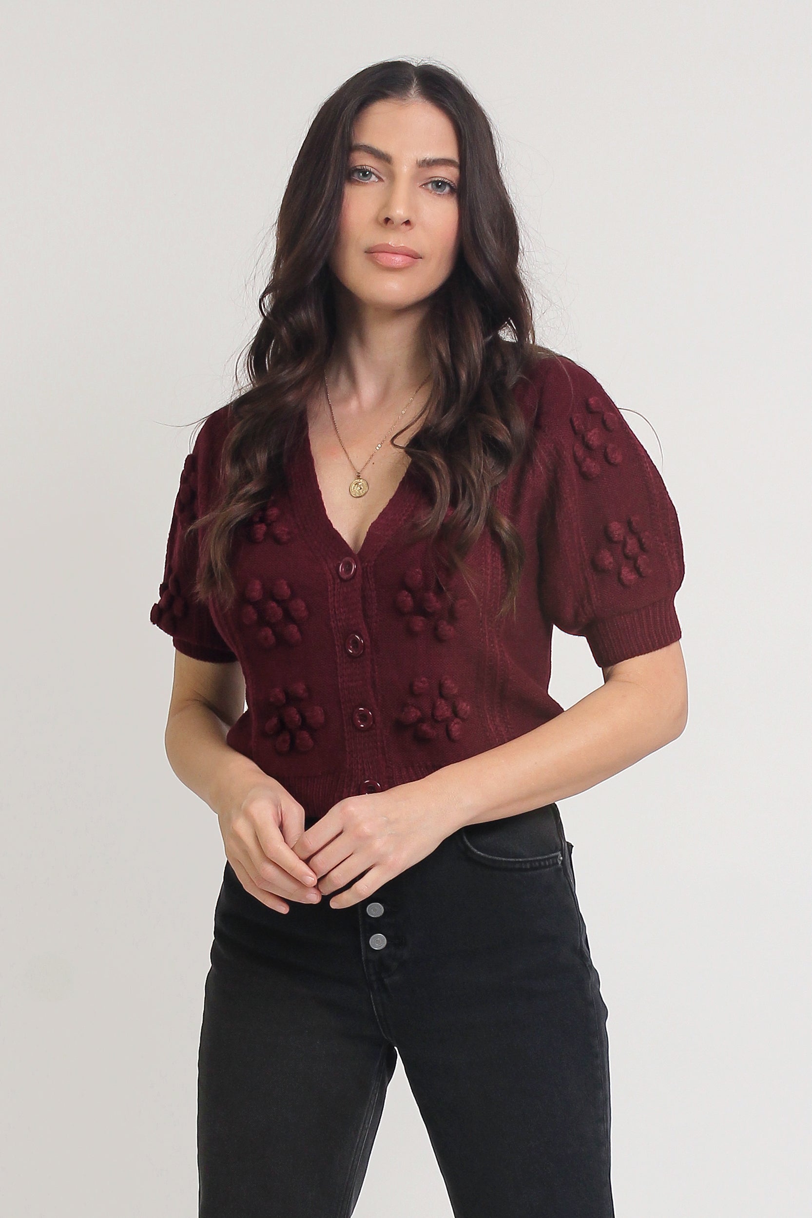 Cropped pom pom puff sleeve cardigan, in mulberry. Image 5