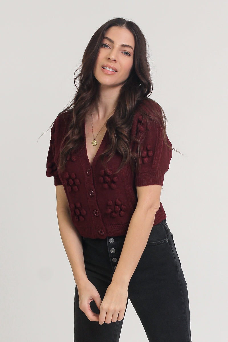 Cropped pom pom puff sleeve cardigan, in mulberry. Image 7