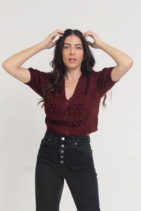 Cropped pom pom puff sleeve cardigan, in mulberry. Image 9
