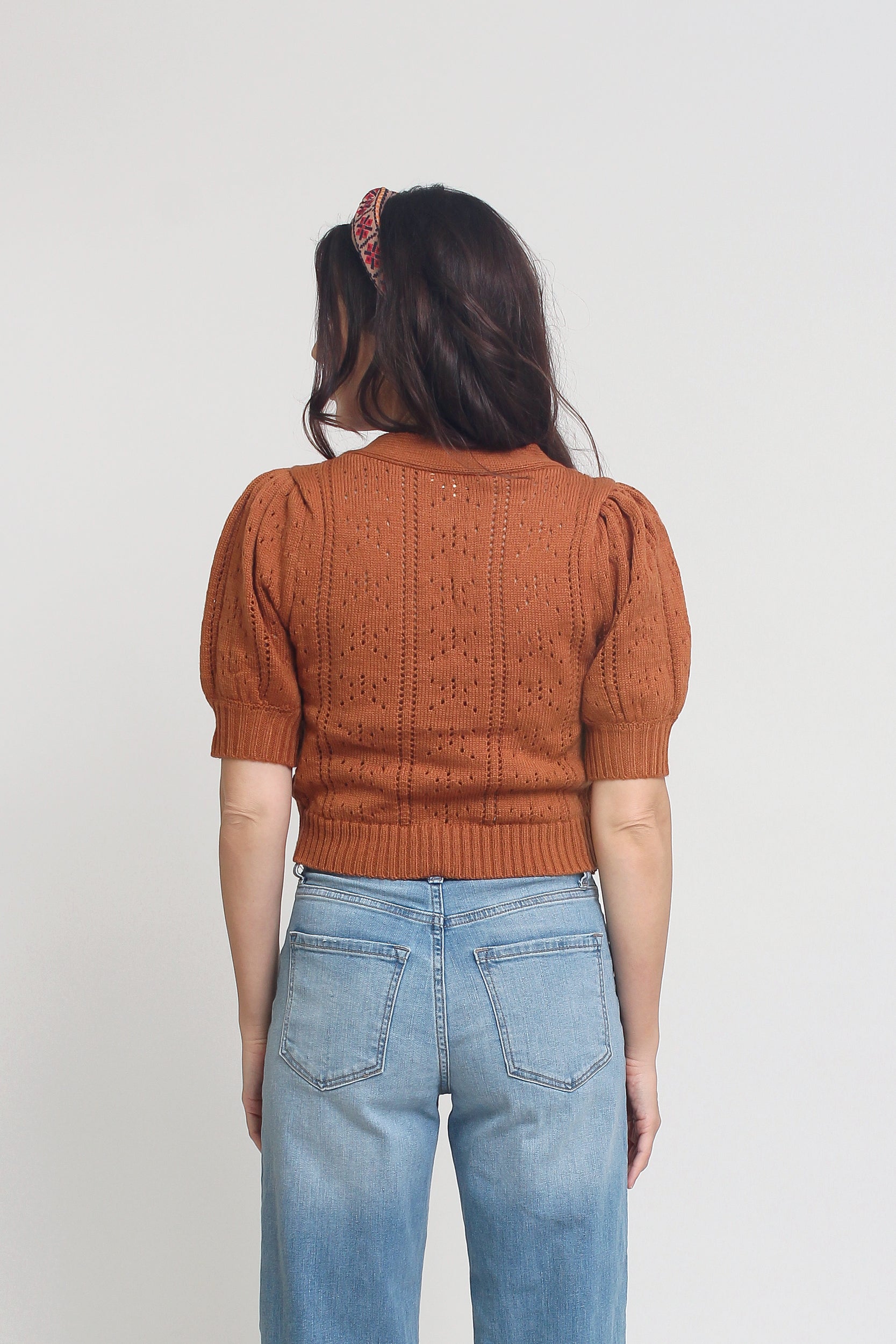 Puff sleeve cardigan with eyelet detail, in Gingerbread. Image 10