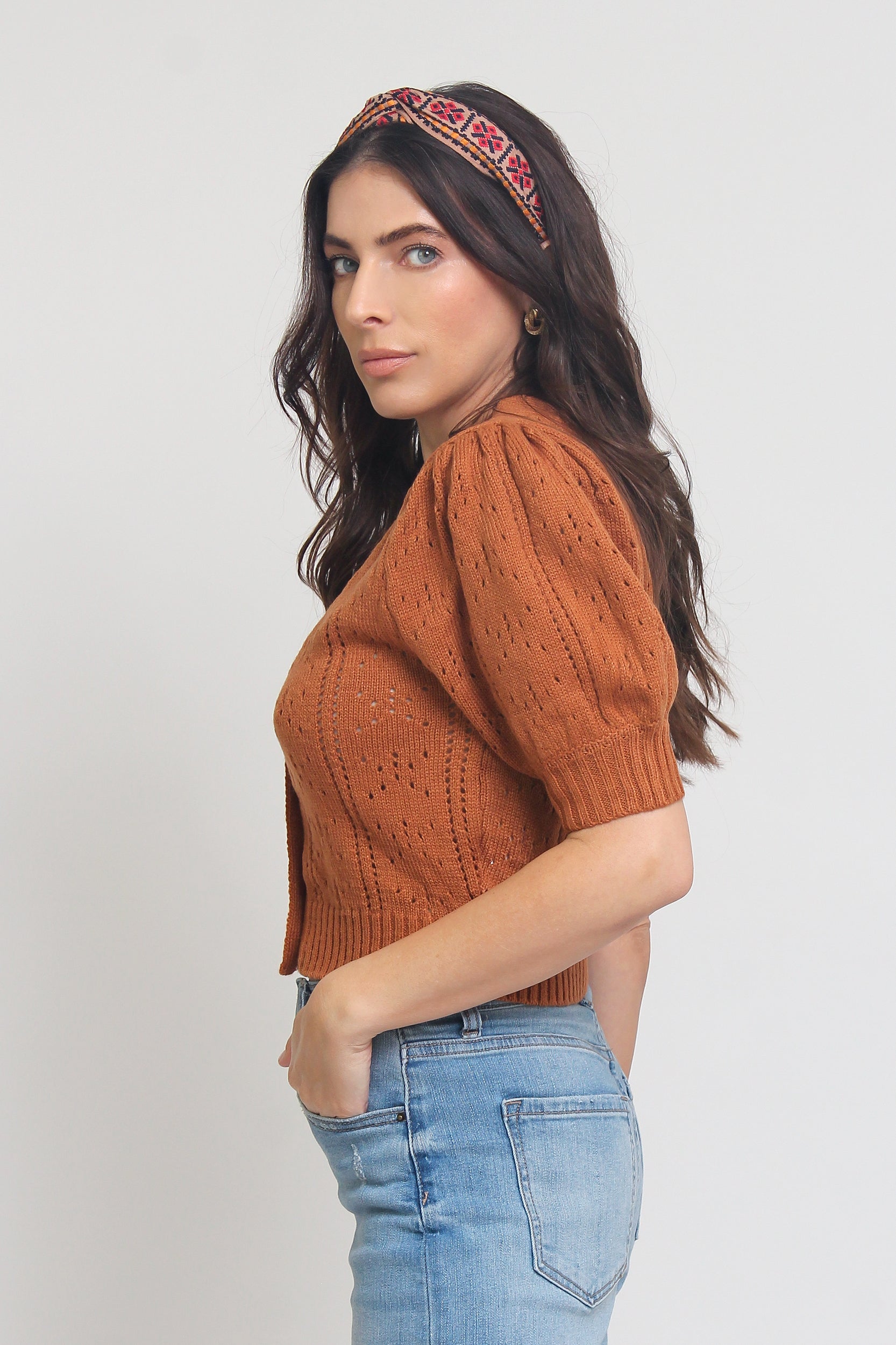 Puff sleeve cardigan with eyelet detail, in Gingerbread. Image 4