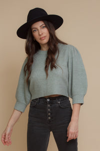 Cropped crewneck sweater with puff sleeves, in sage. Image 11