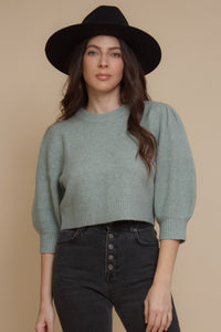 Cropped crewneck sweater with puff sleeves, in sage. Image 13
