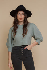 Cropped crewneck sweater with puff sleeves, in sage. Image 15