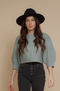 Cropped crewneck sweater with puff sleeves, in sage. Image 3