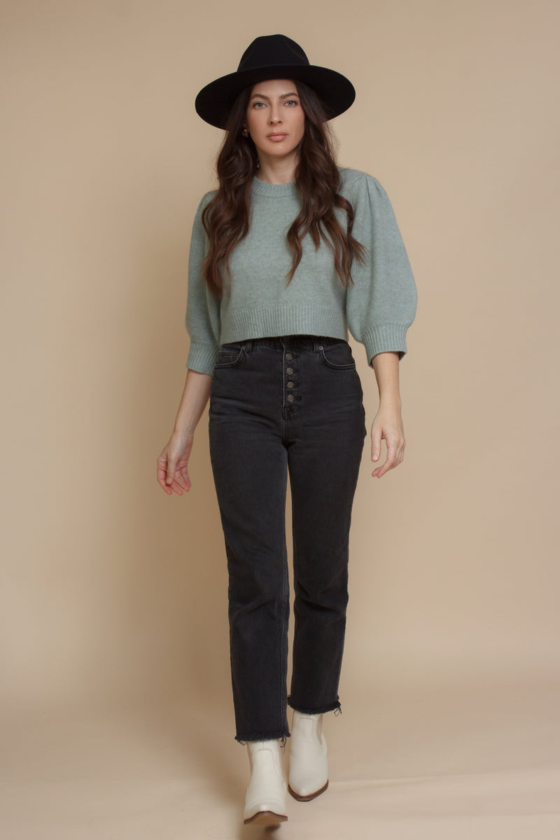 Cropped crewneck sweater with puff sleeves, in sage. Image 4