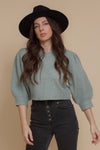 Cropped crewneck sweater with puff sleeves, in sage. Image 5