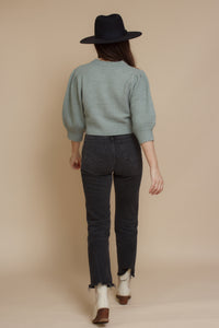 Cropped crewneck sweater with puff sleeves, in sage. Image 8