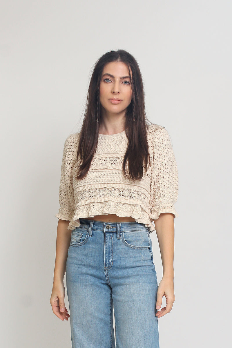 Jacquard sweater top with puff sleeves, in natural. Image 12