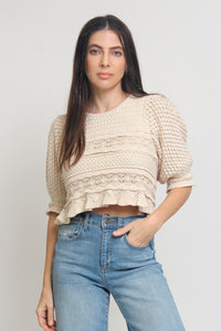 Jacquard sweater top with puff sleeves, in natural. Image 13