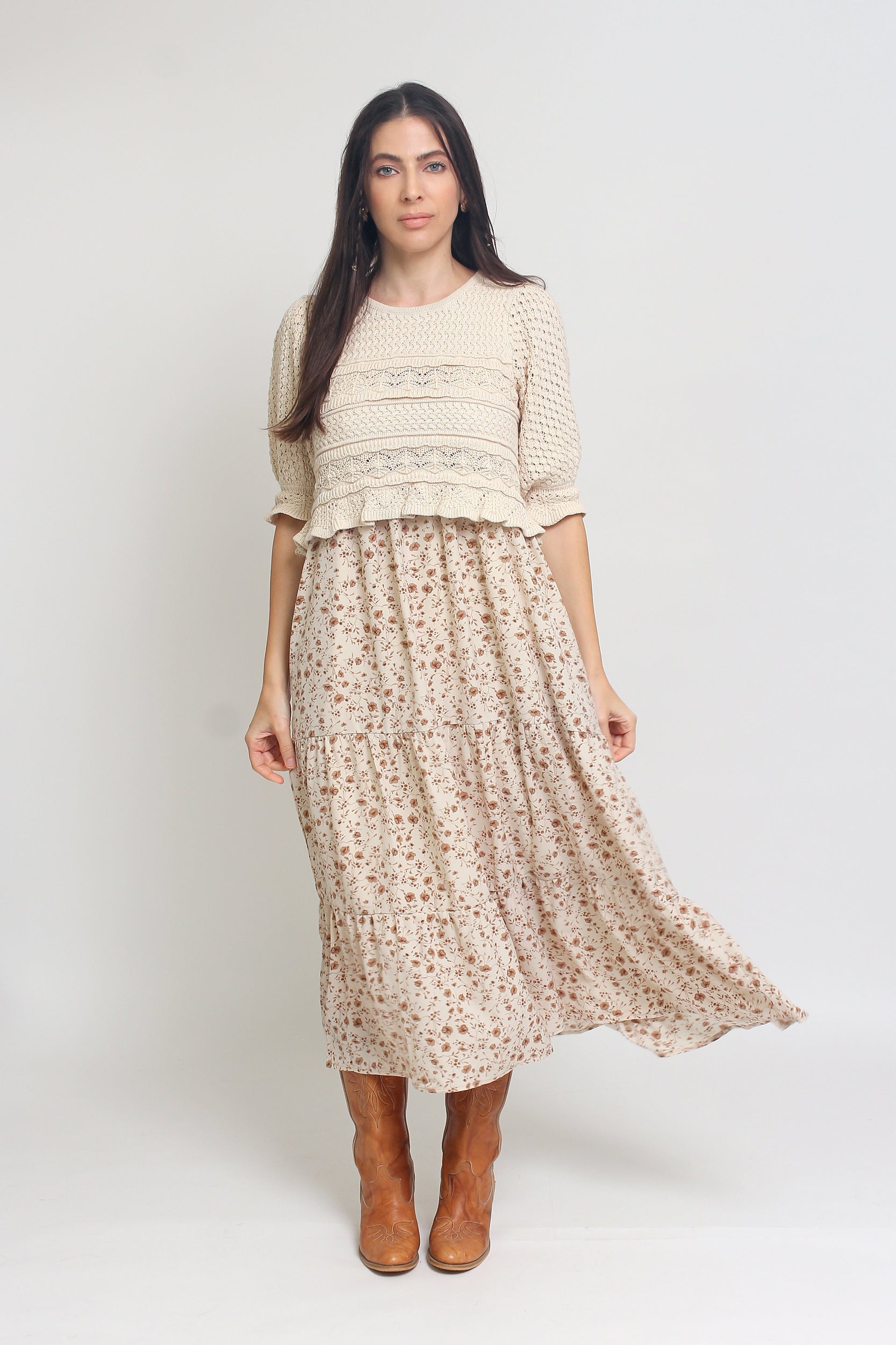 Jacquard sweater top with puff sleeves, in natural. Image 2