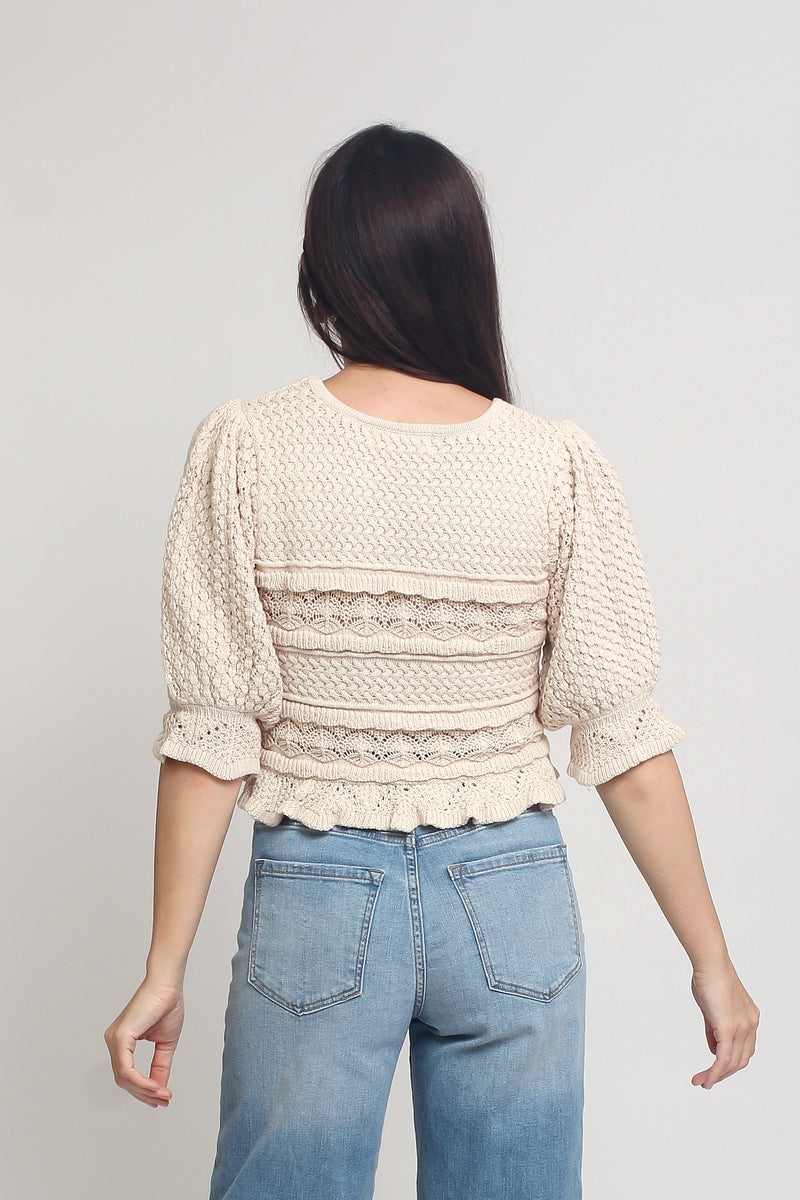 Jacquard sweater top with puff sleeves, in natural. Image 7
