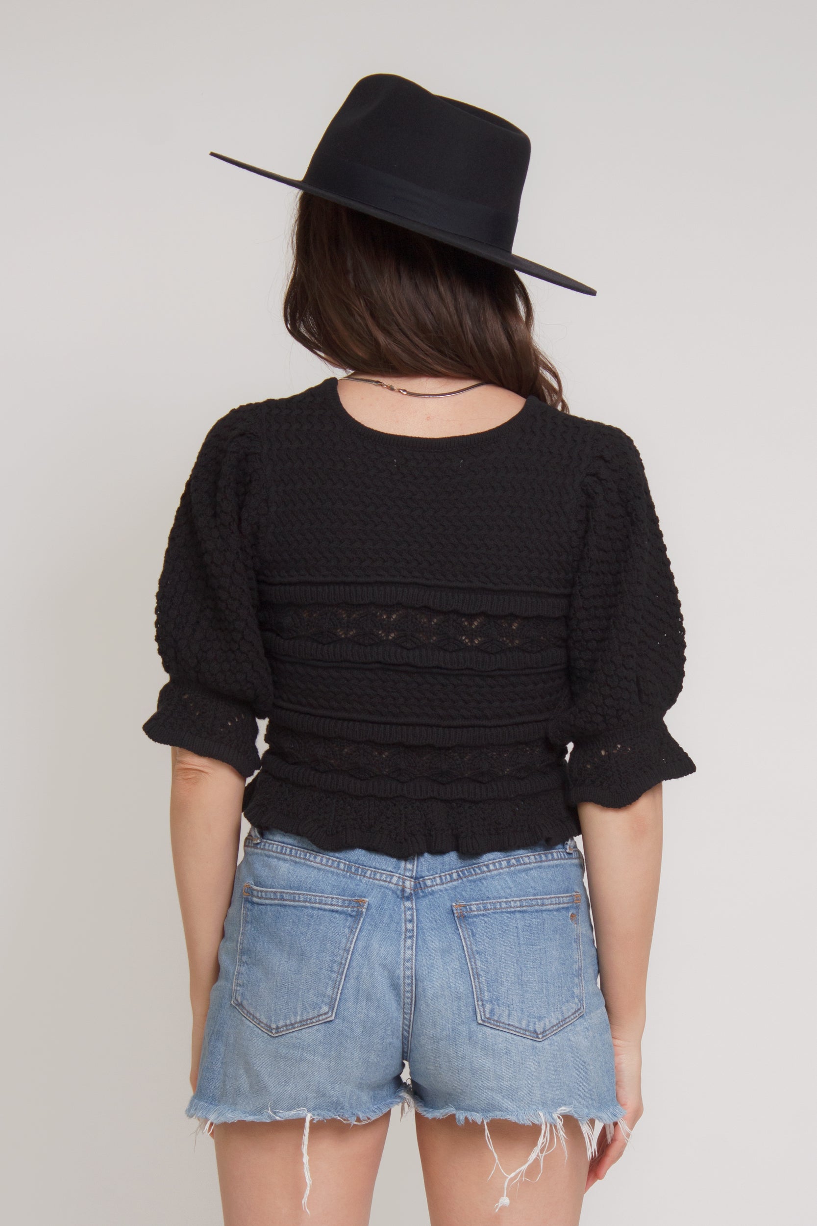 Jacquard sweater top with puff sleeves, in black. Image 10