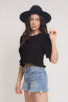 Jacquard sweater top with puff sleeves, in black. Image 2