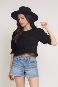 Jacquard sweater top with puff sleeves, in black. Image 3