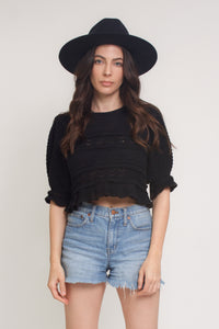 Jacquard sweater top with puff sleeves, in black. Image 5