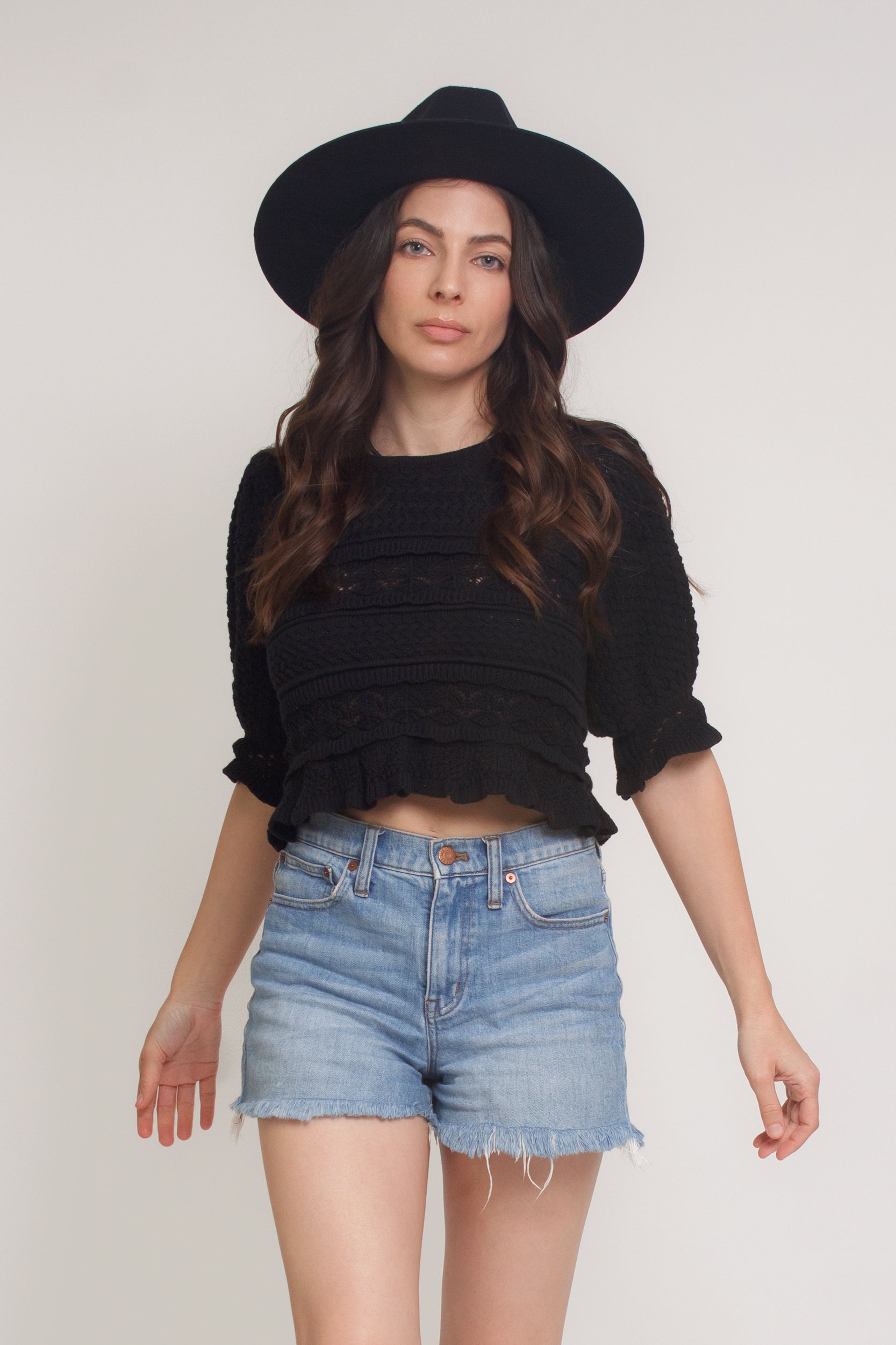 Jacquard sweater top with puff sleeves, in black. Image 6