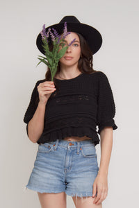Jacquard sweater top with puff sleeves, in black. Image 9