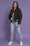 Quilted varsity bomber jacket with faux leather detail, in black. Image 10