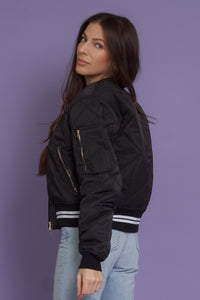 Quilted varsity bomber jacket with faux leather detail, in black. Image 11
