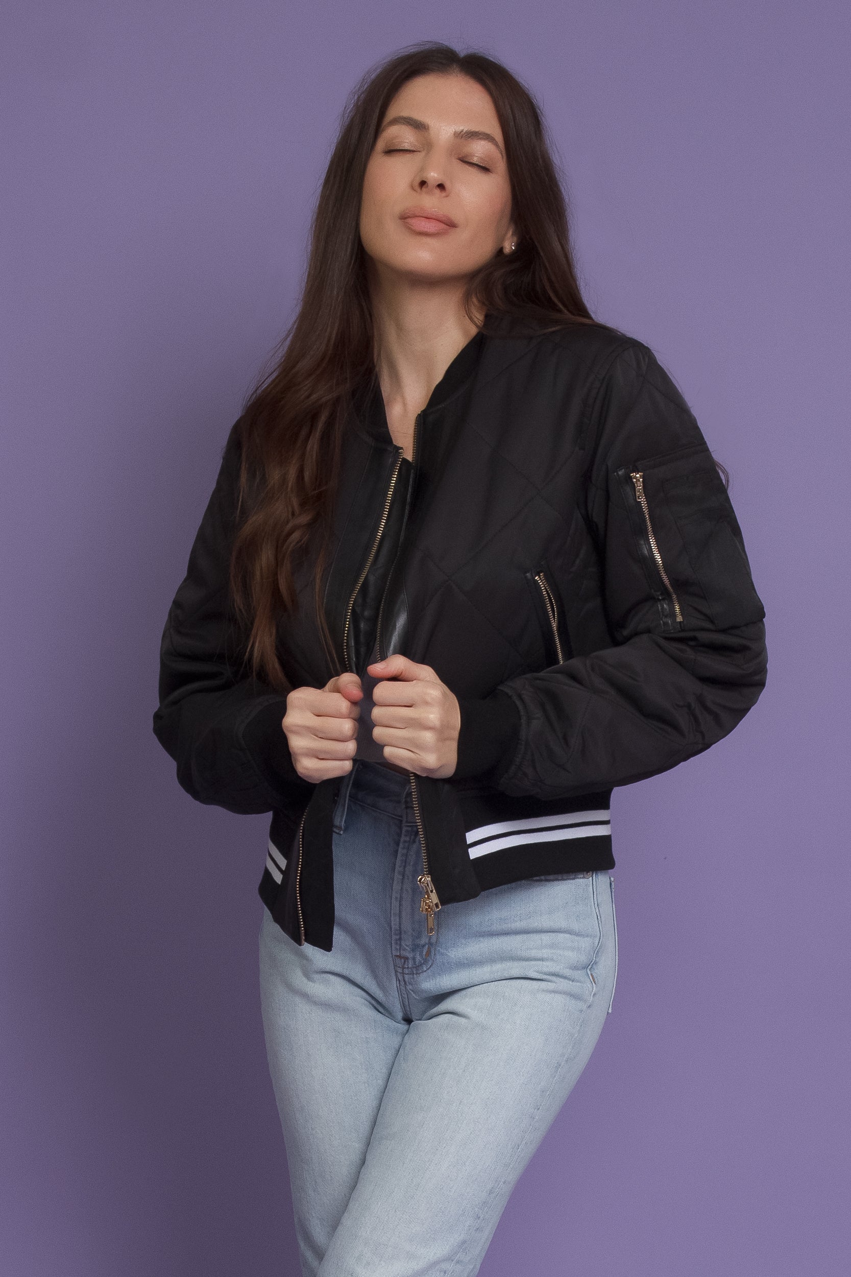 Quilted varsity bomber jacket with faux leather detail, in black. Image 12
