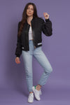Quilted varsity bomber jacket with faux leather detail, in black. Image 13