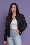 Quilted varsity bomber jacket with faux leather detail, in black. Image 14
