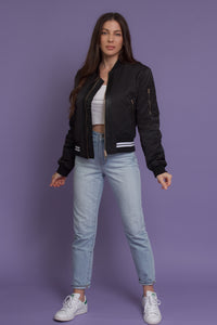 Quilted varsity bomber jacket with faux leather detail, in black. Image 2