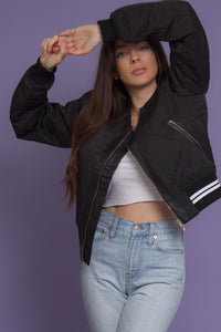 Quilted varsity bomber jacket with faux leather detail, in black. Image 3