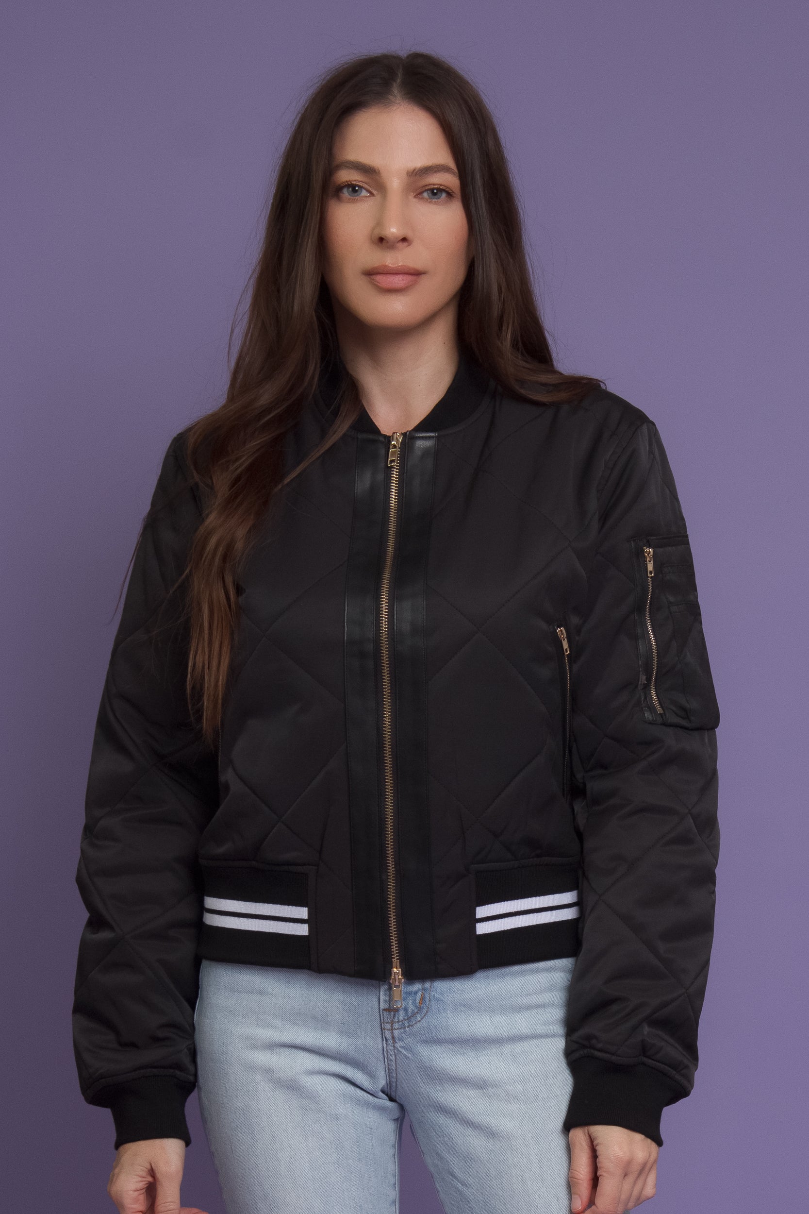Quilted varsity bomber jacket with faux leather detail, in black. Image 4