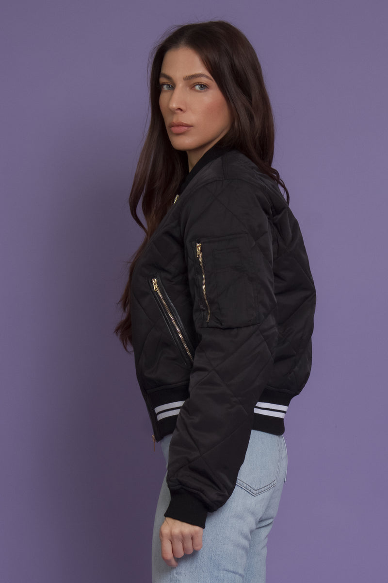 Quilted varsity bomber jacket with faux leather detail, in black. Image 5