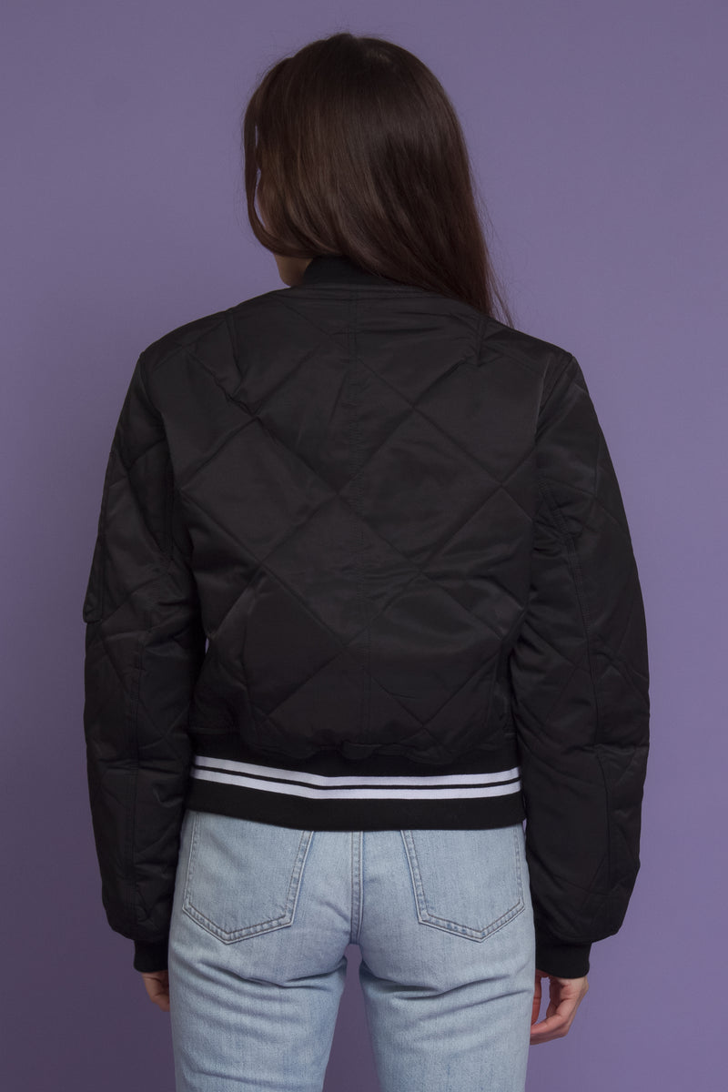 Quilted varsity bomber jacket with faux leather detail, in black. Image 6