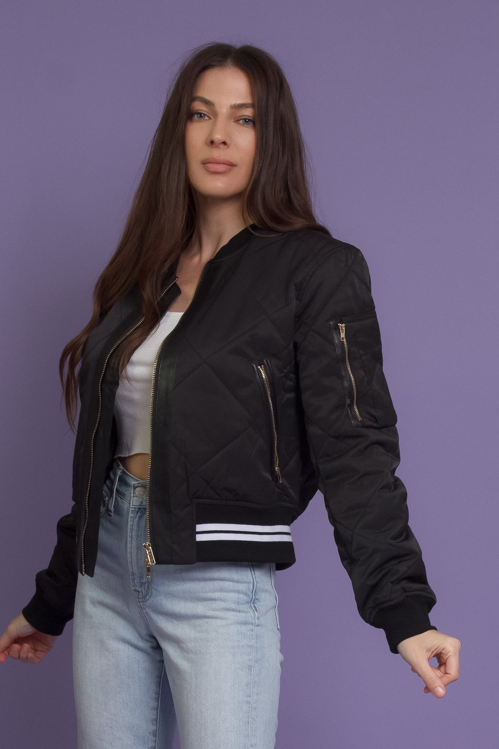 Quilted varsity bomber jacket with faux leather detail, in black. Image 7