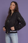 Quilted varsity bomber jacket with faux leather detail, in black. Image 8
