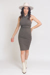 Fitted ribbed midi dress with lace up back, in Olive. Image 2